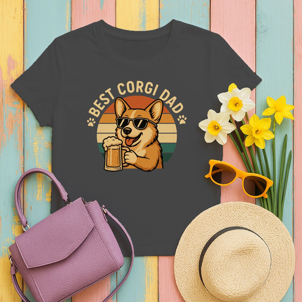 Best Corgi Dad Beer Lover Dog Retro Style Art T-Shirt in Dark Heather