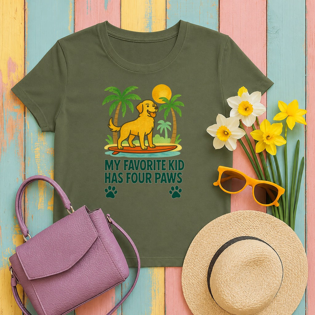 My Favorite Kid Has Four Paws Smiling Golden Retriever T-Shirt in Military Green