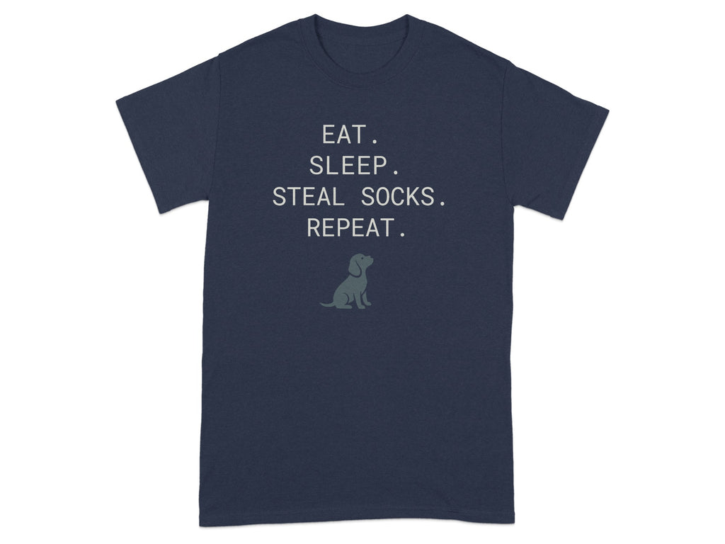 Dark blue t-shirt with "EAT. SLEEP. STEAL SOCKS. REPEAT." and dog graphic.