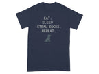 Dark blue t-shirt with "EAT. SLEEP. STEAL SOCKS. REPEAT." and dog graphic.