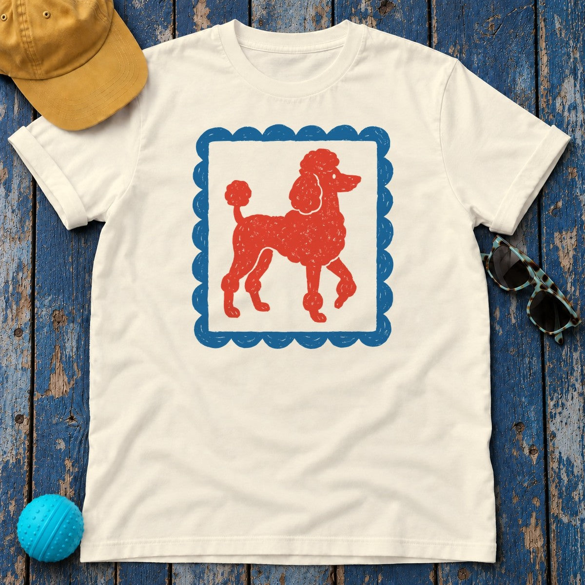 Cute Red Poodle Stamp Style Design in Blue Frame T-Shirt in Natural