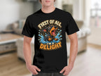 Black t-shirt with dachshund splashing in water, text "First of all I'm a delight".