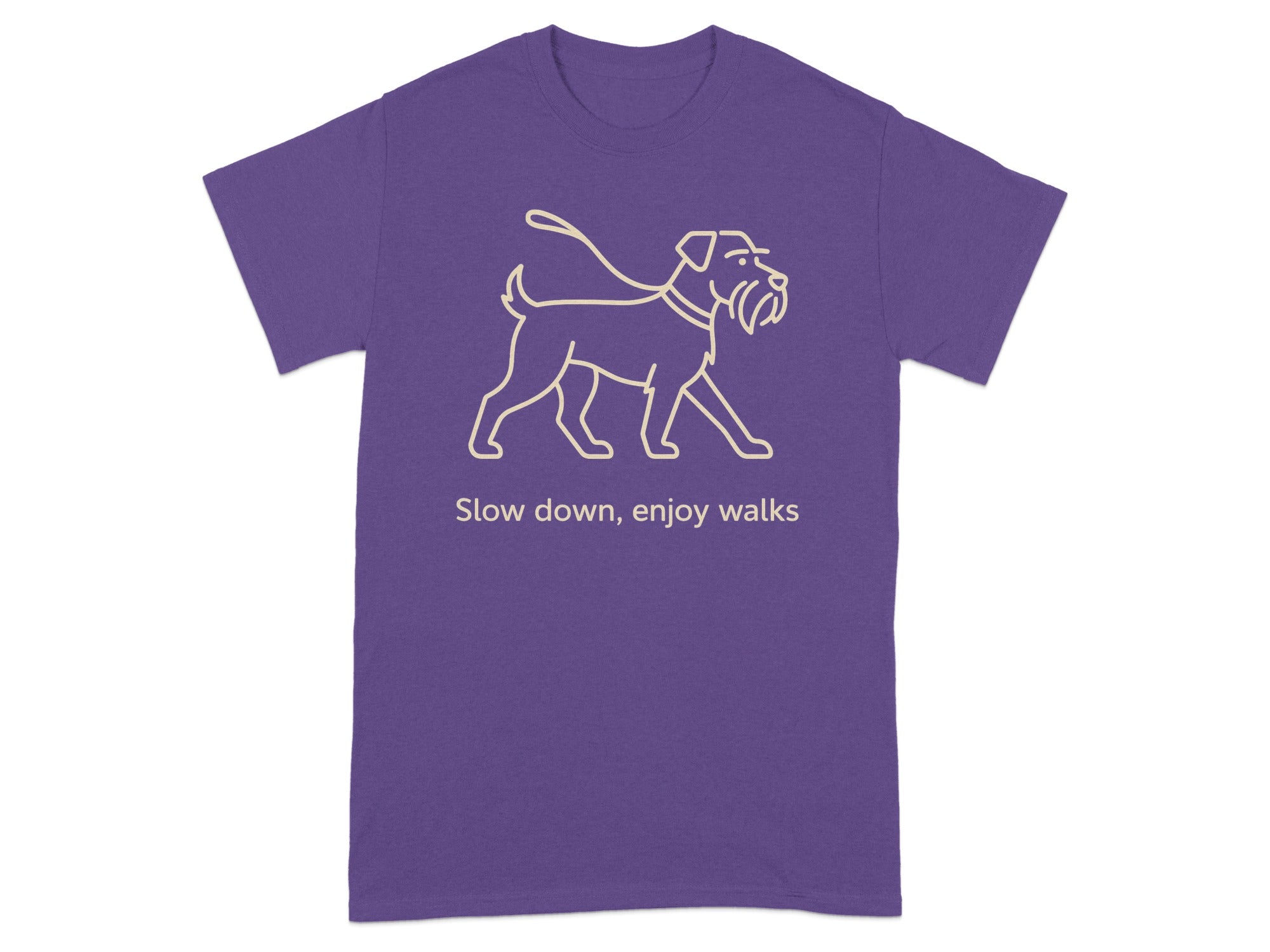 Purple t-shirt with line drawing of dog on leash and text "Slow down, enjoy walks".