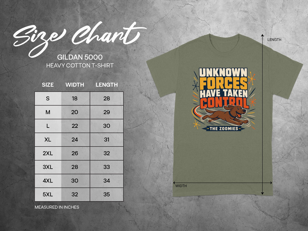 Gildan 5000 t-shirt size chart with "Unknown Forces Have Taken Control" graphic.