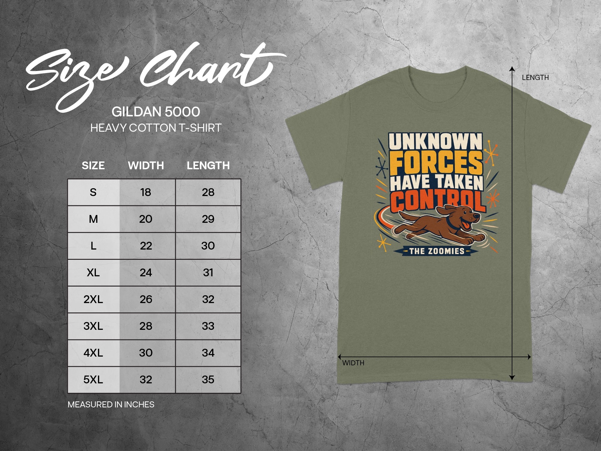 Gildan 5000 t-shirt size chart with "Unknown Forces Have Taken Control" graphic.