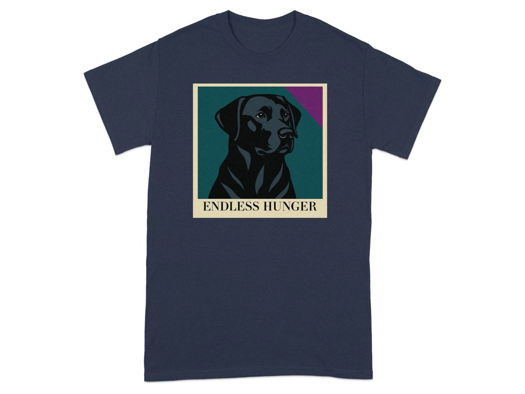 Black Labrador portrait with text "ENDLESS HUNGER" on a navy t-shirt.