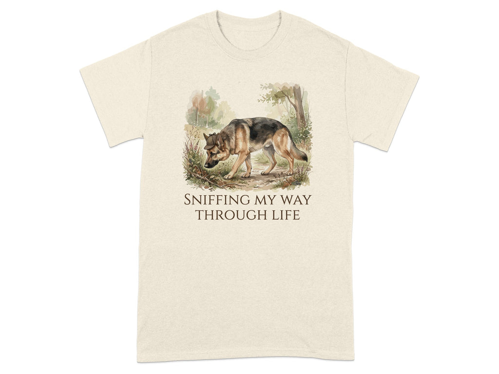 German Shepherd sniffing the ground with text "SNIFFING MY WAY THROUGH LIFE."