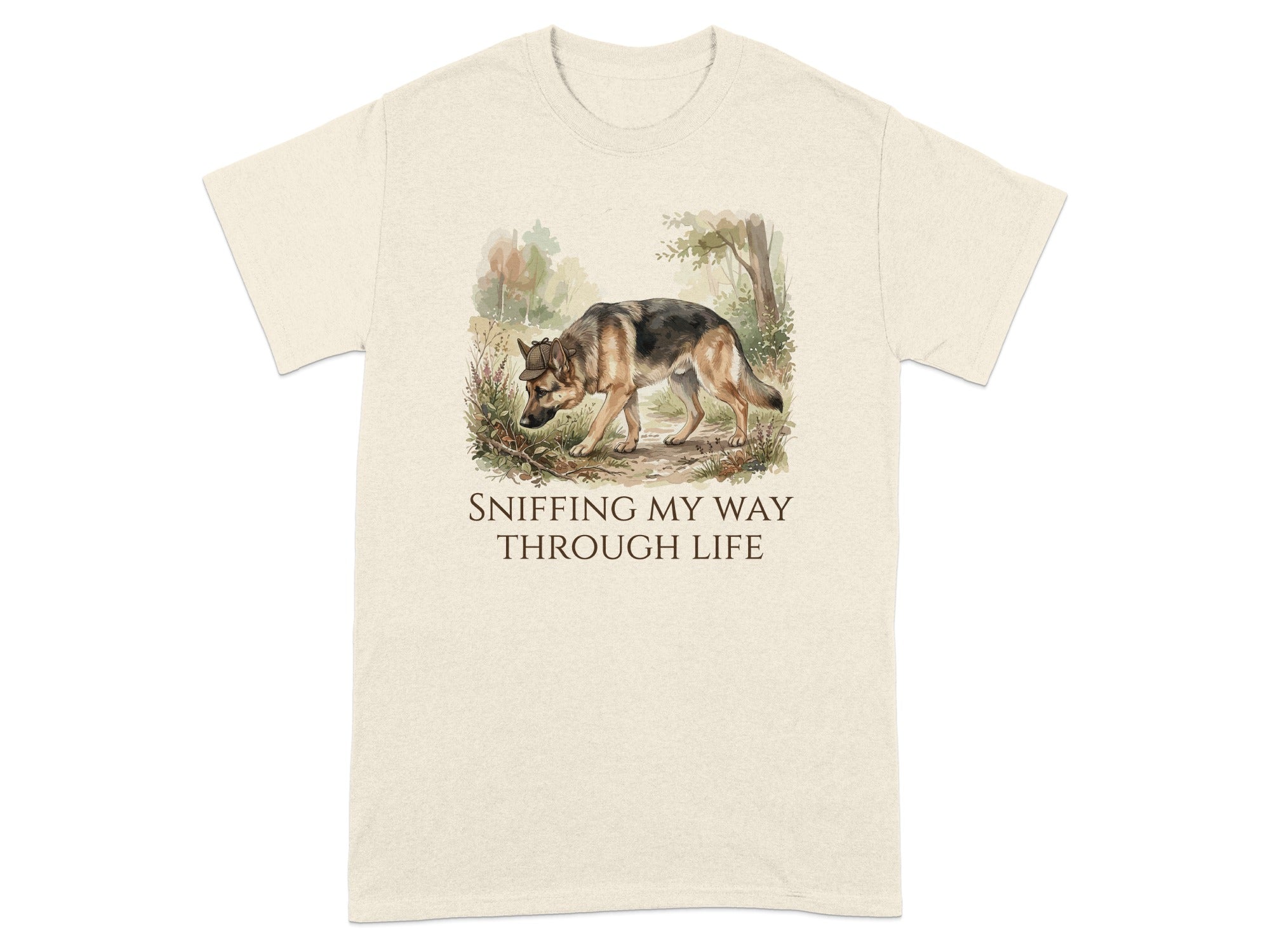 German Shepherd sniffing the ground with text "SNIFFING MY WAY THROUGH LIFE."