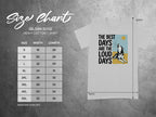 Gildan 5000 t-shirt size chart with graphic of howling wolf and text "The Best Days Are The Loud Days".