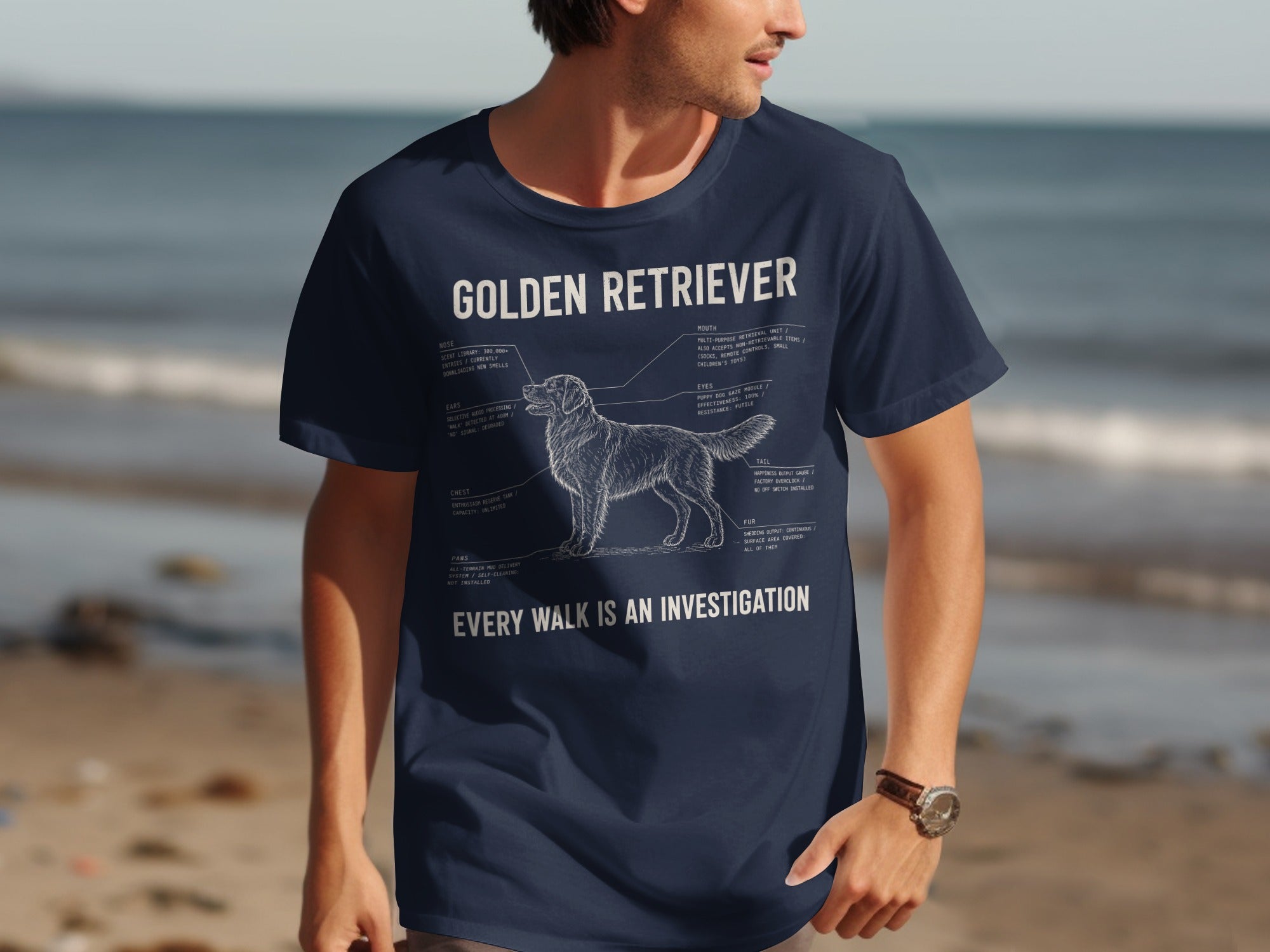 T-shirt with Golden Retriever diagram and "Every Walk is an Investigation" text.