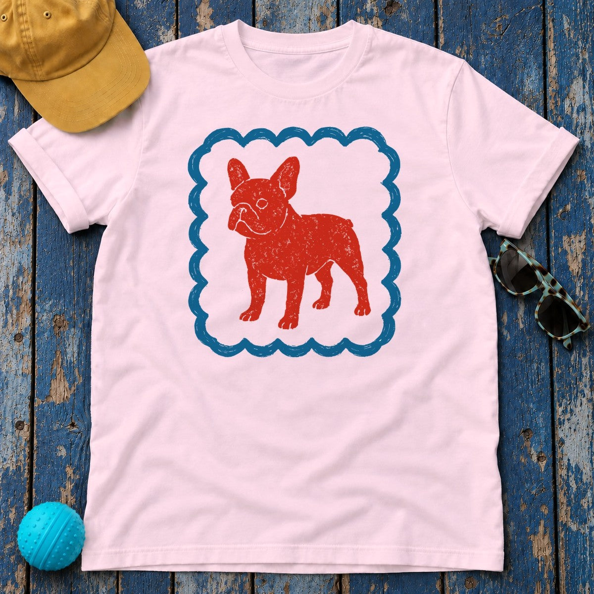 French Bulldog in Decorative Border Graphic Design T-Shirt in Light Pink