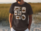 Dark t-shirt featuring a collage of whimsical dachshund illustrations in framed squares.