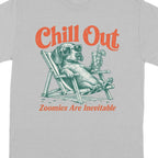 T-shirt with dog in deck chair, sunglasses, and drink; text says "Chill Out".