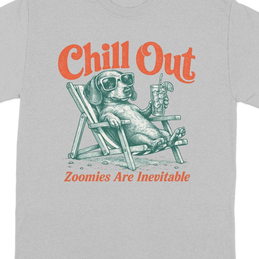 T-shirt with dog in deck chair, sunglasses, and drink; text says "Chill Out".