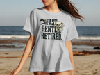 Light gray t-shirt with "FAST. GENTLE. RETIRED." text and dog silhouette.
