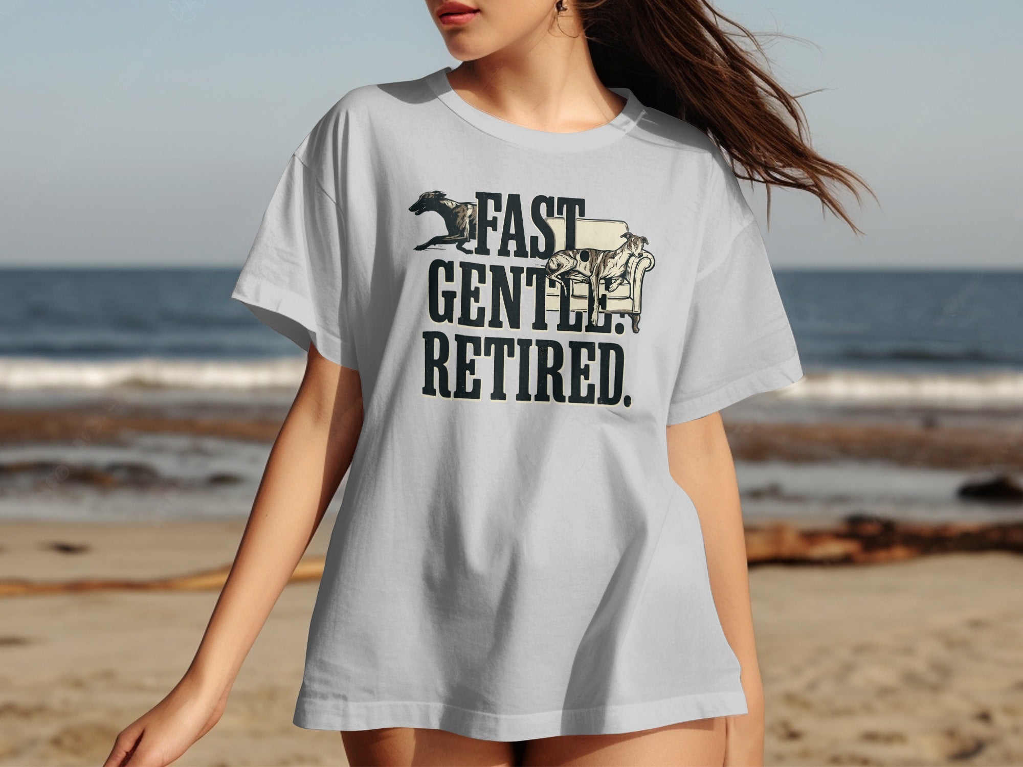 Light gray t-shirt with "FAST. GENTLE. RETIRED." text and dog silhouette.