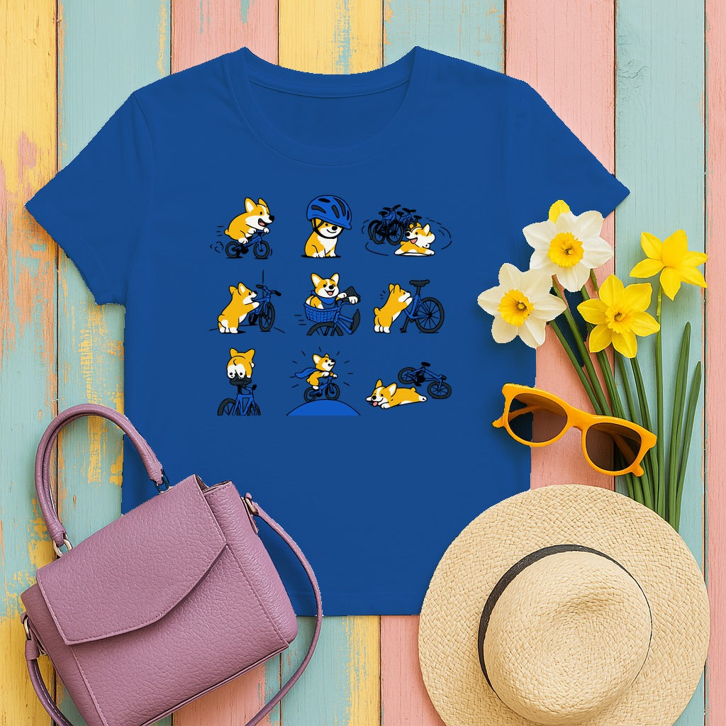 Whimsical Corgi Cycling Adventures T-Shirt in Royal