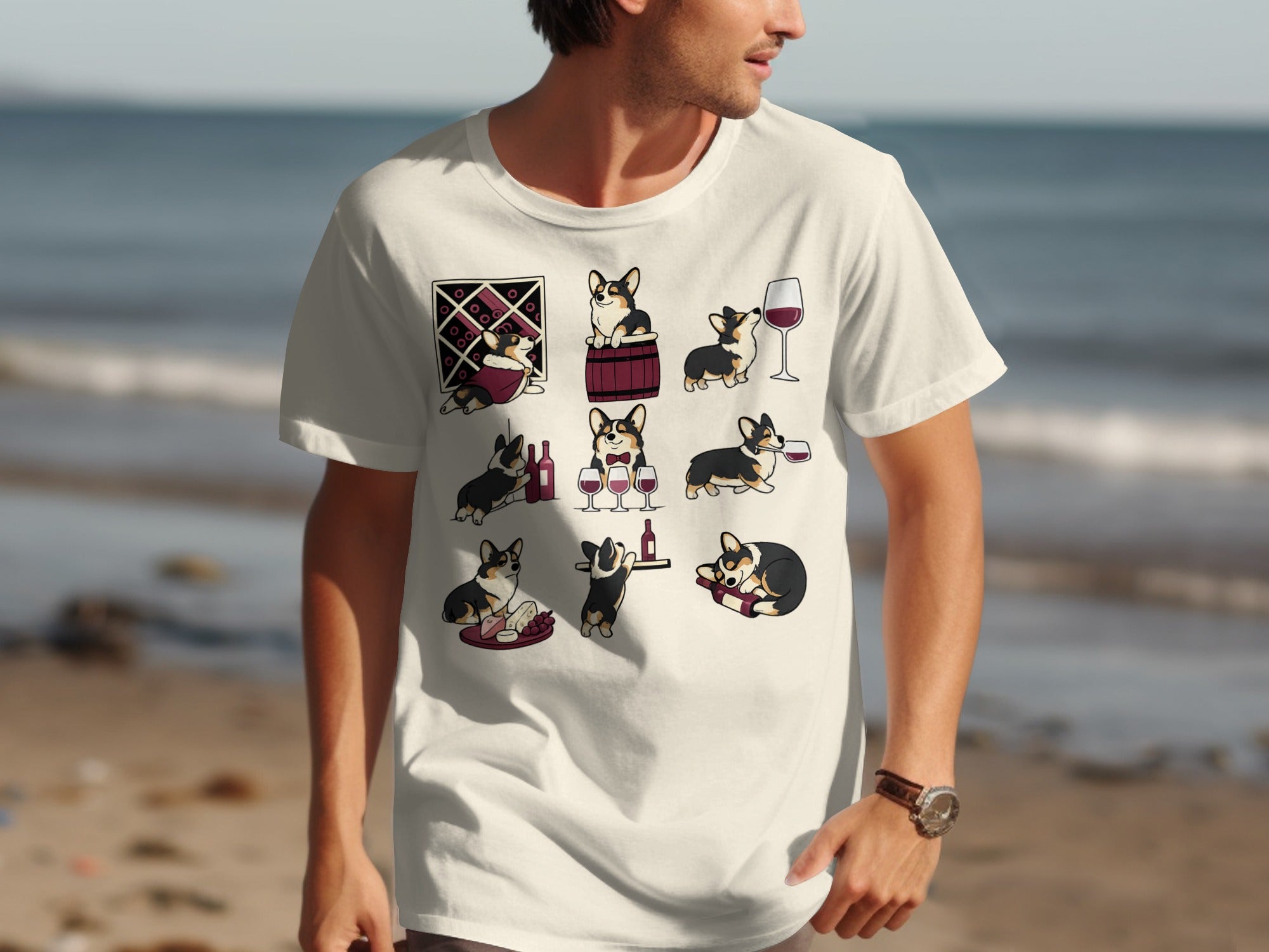 T-shirt with nine illustrations of corgis enjoying wine in various amusing poses.
