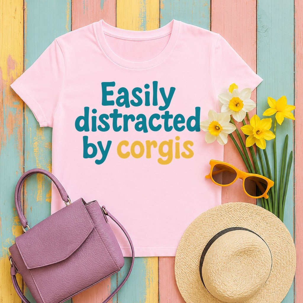Easily Distracted By Corgis T-Shirt in Light Pink