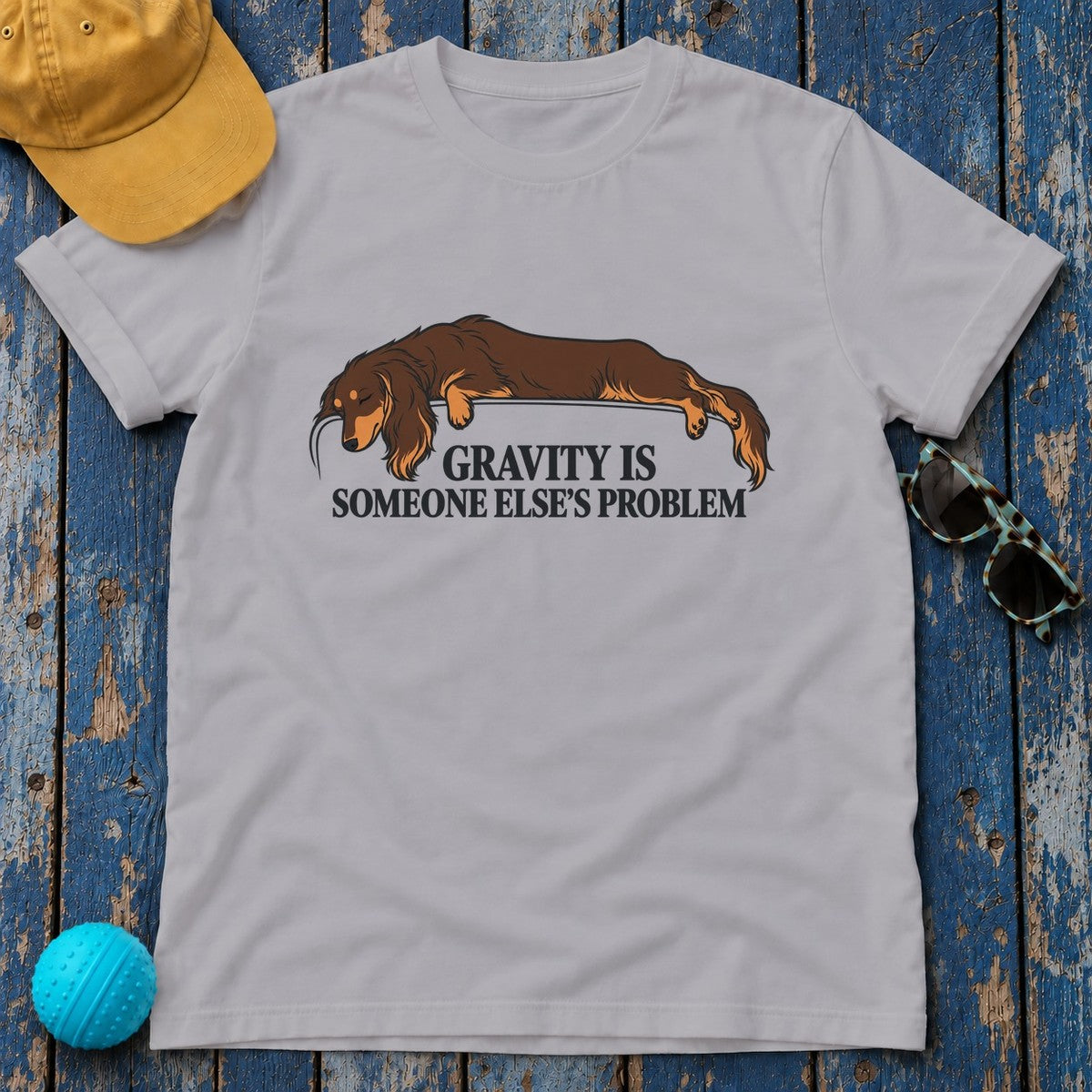 Gravity Is Someone Else's Problem Long Haired Dachshund T-Shirt in Athletic Heather