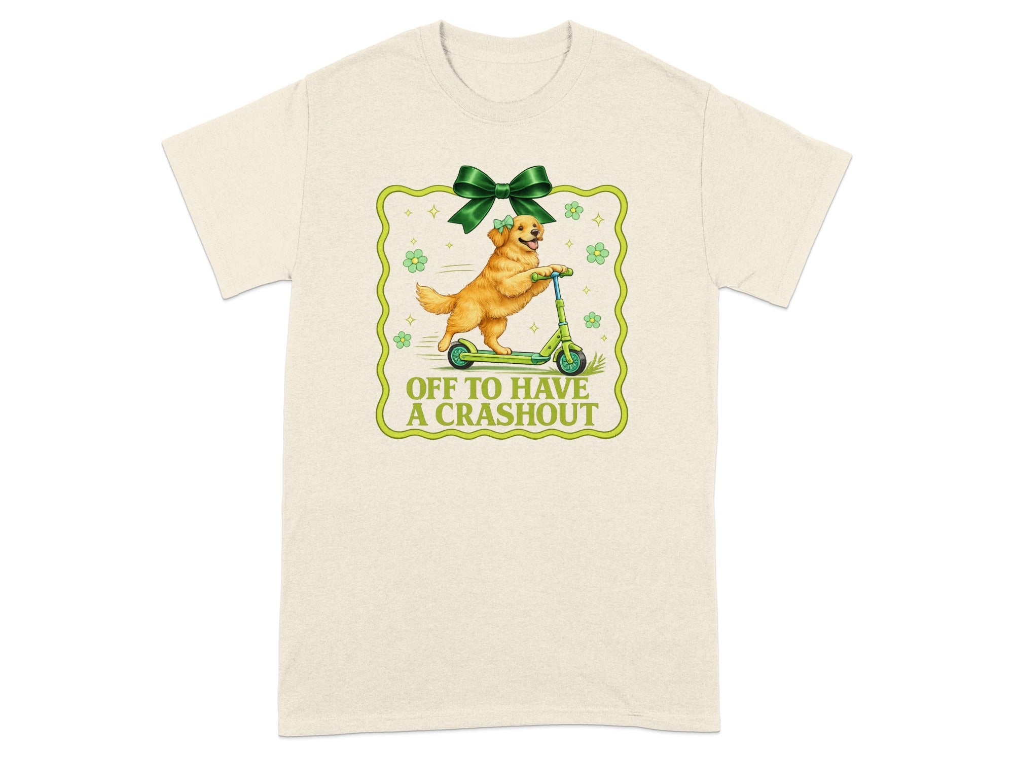 Golden retriever on a scooter with a green bow and "Off to Have a Crashout" text.