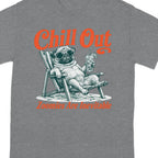 Grey t-shirt featuring a pug with sunglasses relaxing in a lounge chair.