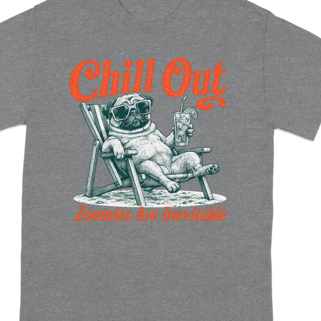 Grey t-shirt featuring a pug with sunglasses relaxing in a lounge chair.