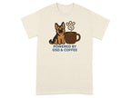German Shepherd sitting beside a coffee cup with text "POWERED BY GSD & COFFEE".