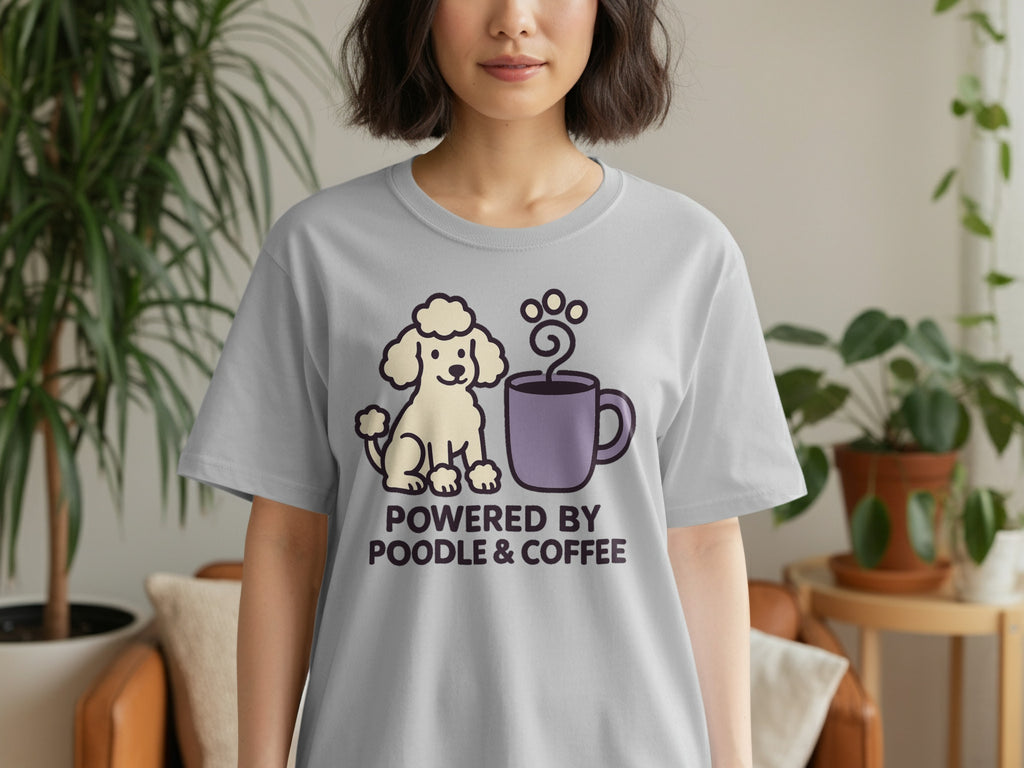 Gray t-shirt with text "POWERED BY POODLE & COFFEE" and poodle graphic.