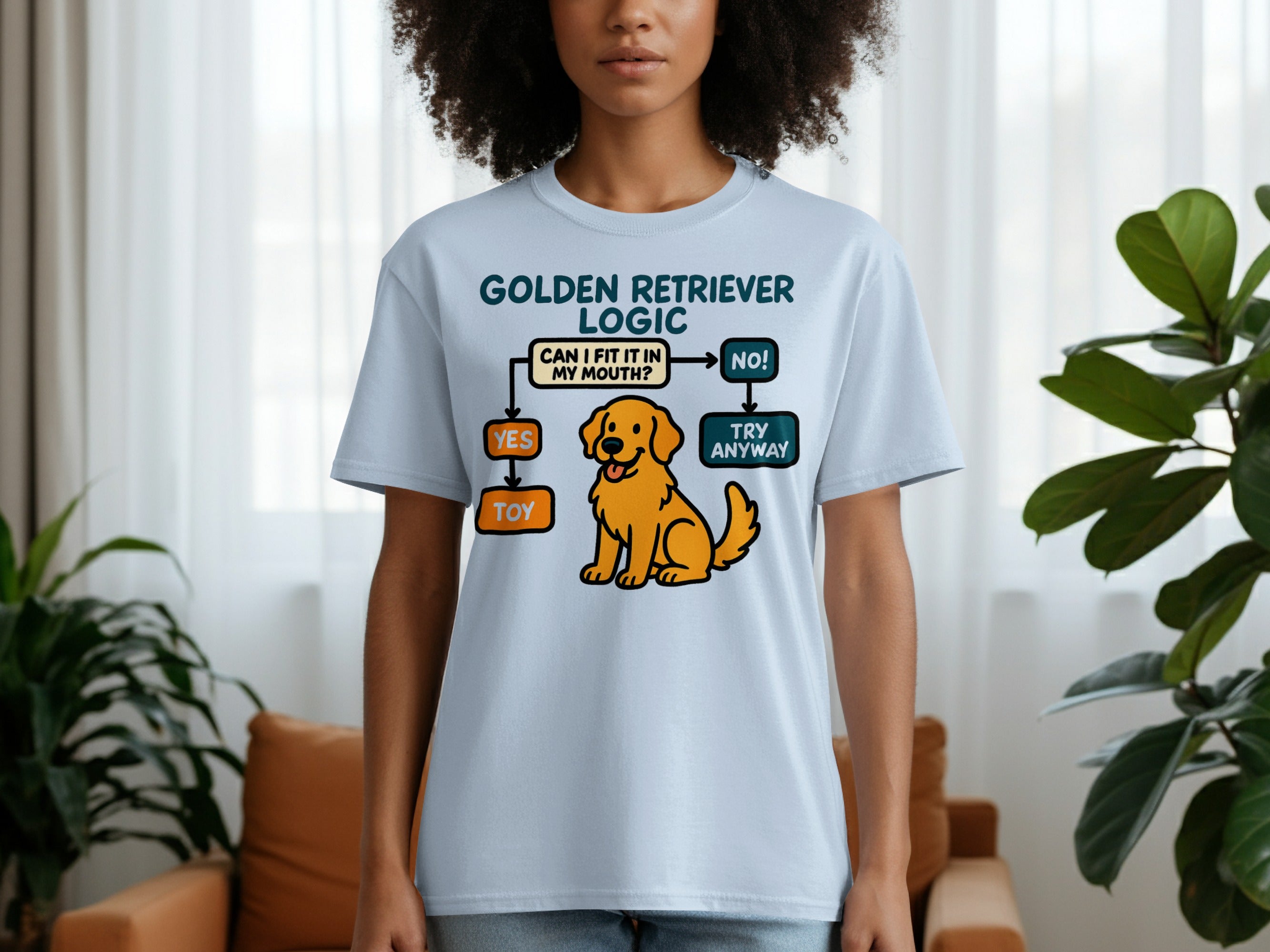 Light blue t-shirt with a Golden Retriever logic flowchart and cartoon dog graphic.