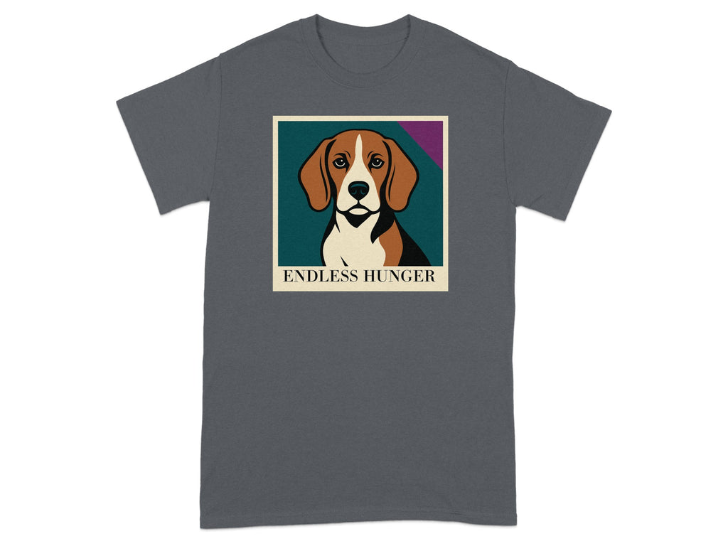 Beagle dog graphic with text "ENDLESS HUNGER" on a charcoal grey t-shirt.