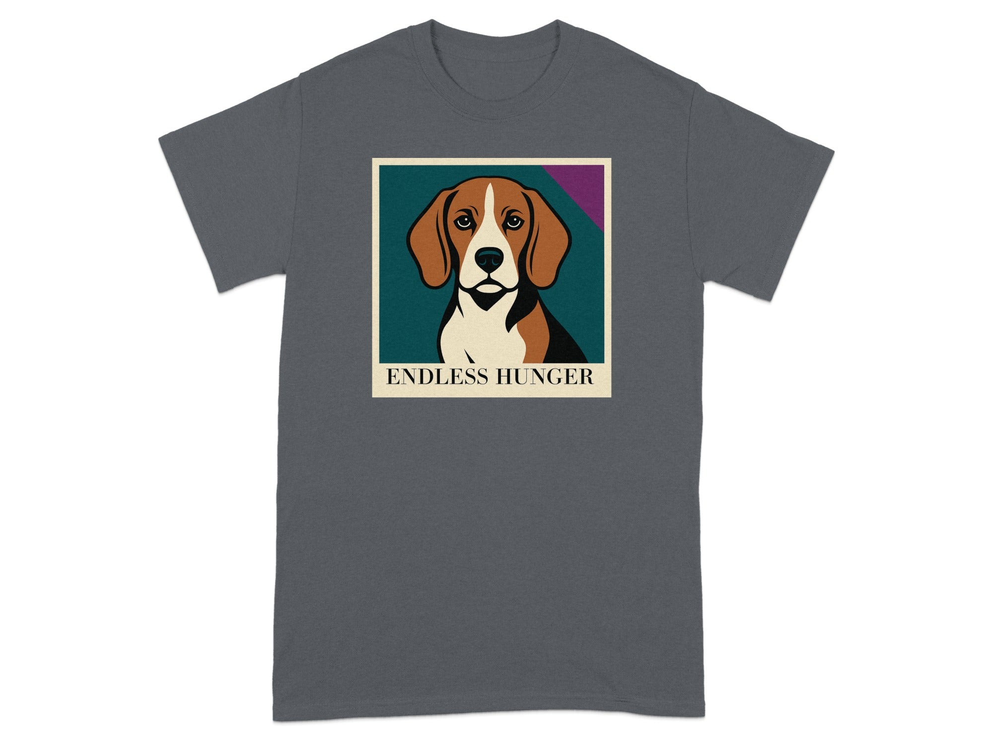 Beagle dog graphic with text "ENDLESS HUNGER" on a charcoal grey t-shirt.