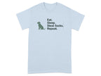 Light blue t-shirt with a dog silhouette and "Eat. Sleep. Steal Socks. Repeat." text.