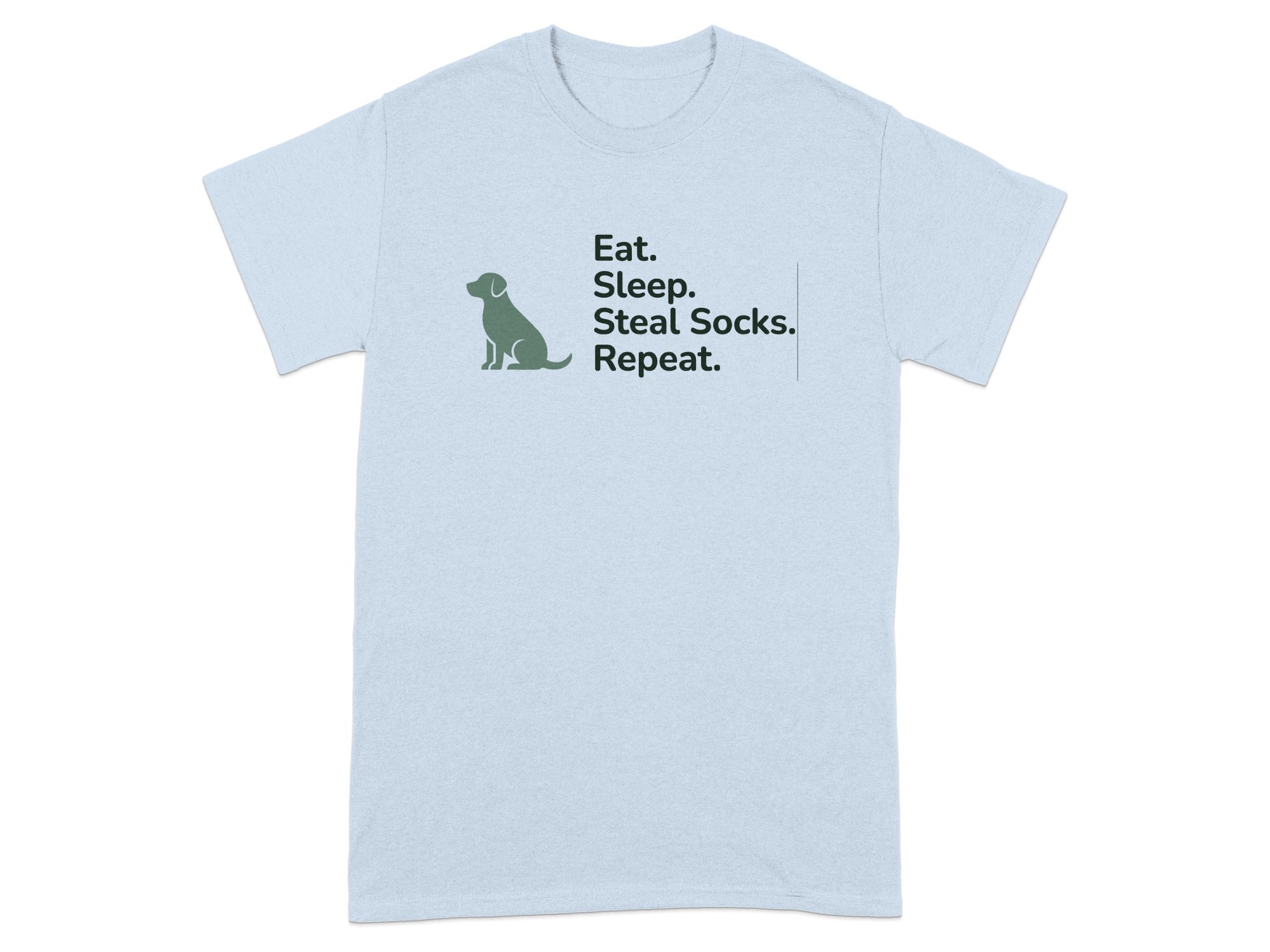 Light blue t-shirt with a dog silhouette and "Eat. Sleep. Steal Socks. Repeat." text.