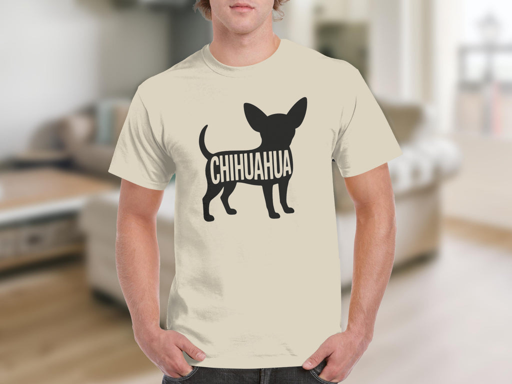 Chihuahua graphic on a cream t-shirt worn by a person.