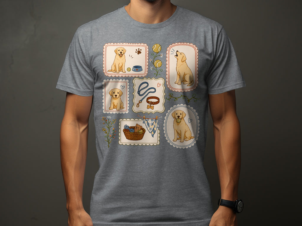 Grey t-shirt with a collage of playful golden retrievers and dog accessories.