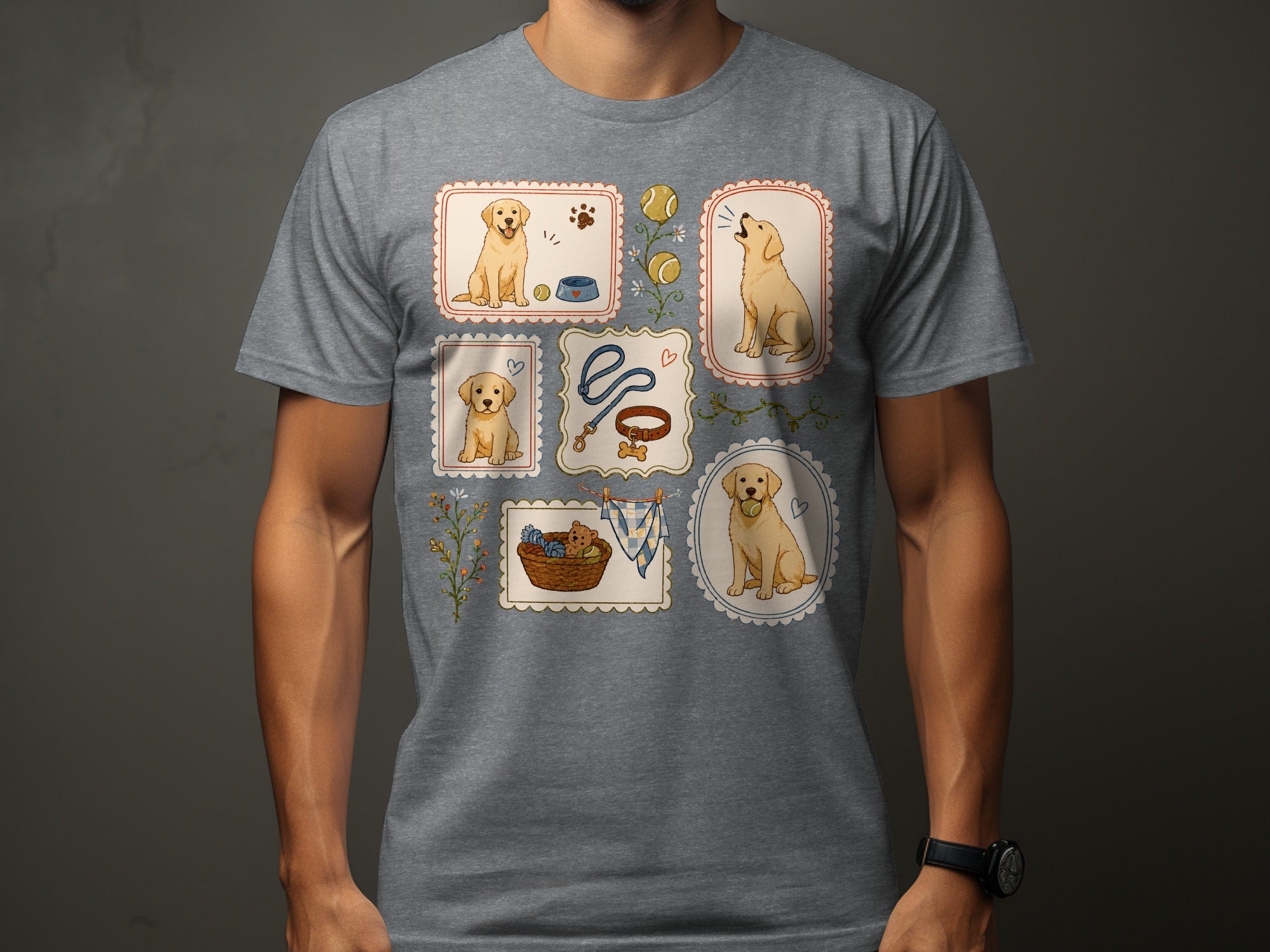 Grey t-shirt with a collage of playful golden retrievers and dog accessories.