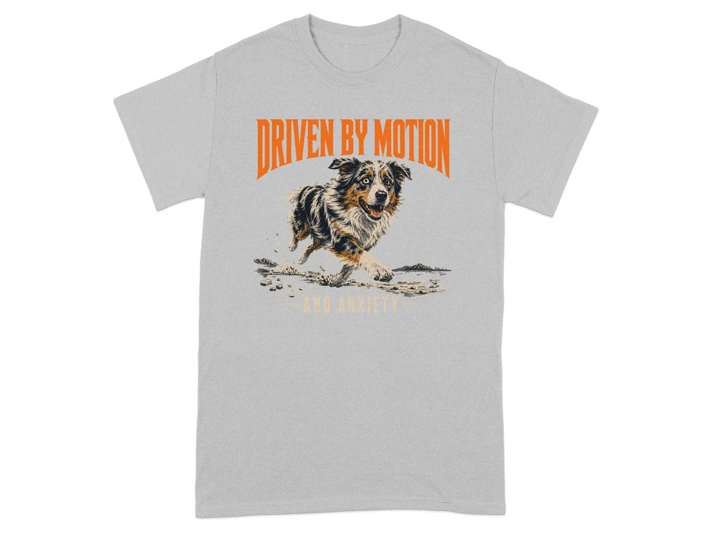 Grey t-shirt with "DRIVEN BY MOTION" and dog running graphic.