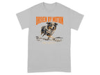 Grey t-shirt with "DRIVEN BY MOTION" and dog running graphic.