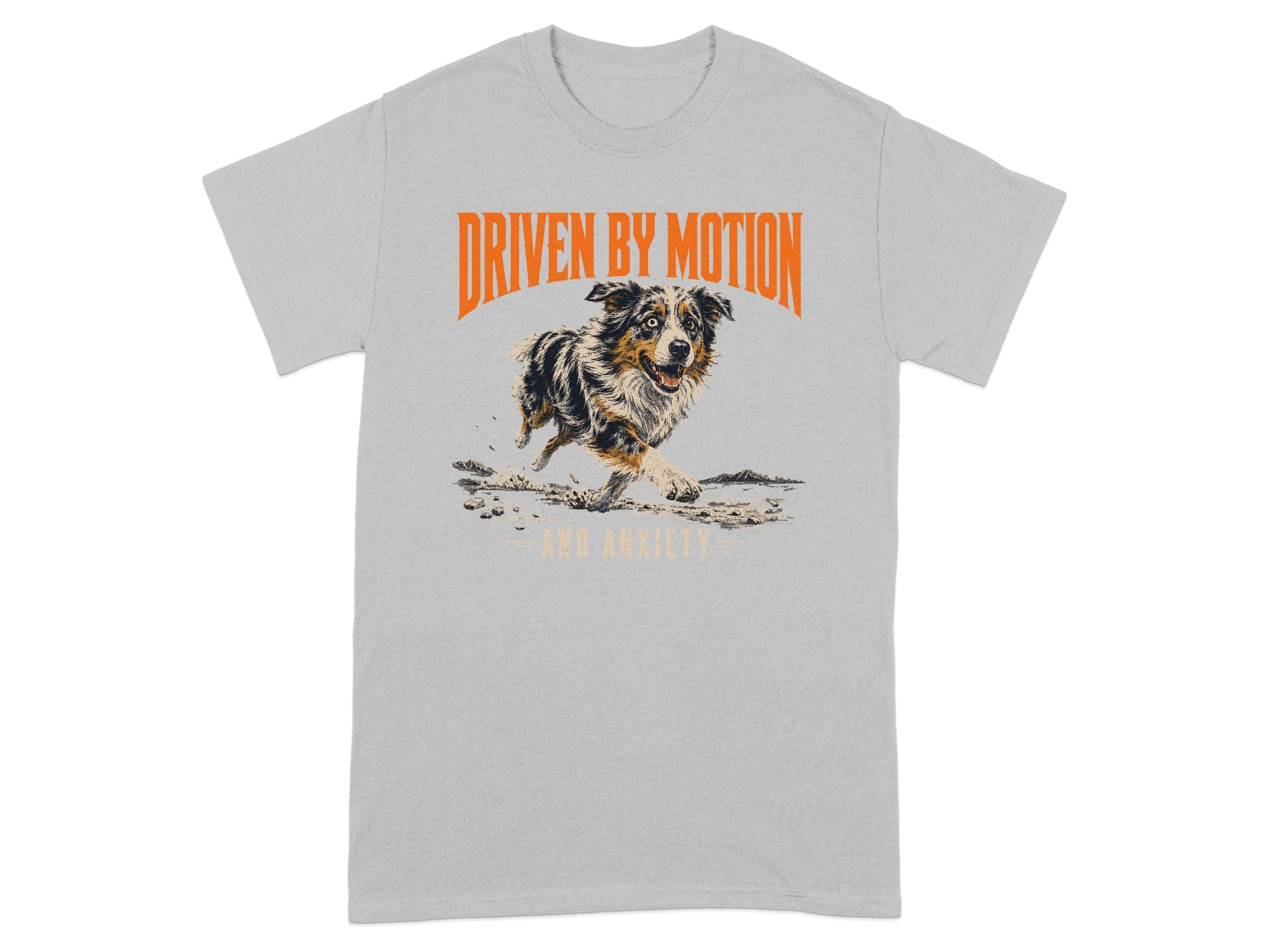 Grey t-shirt with "DRIVEN BY MOTION" and dog running graphic.