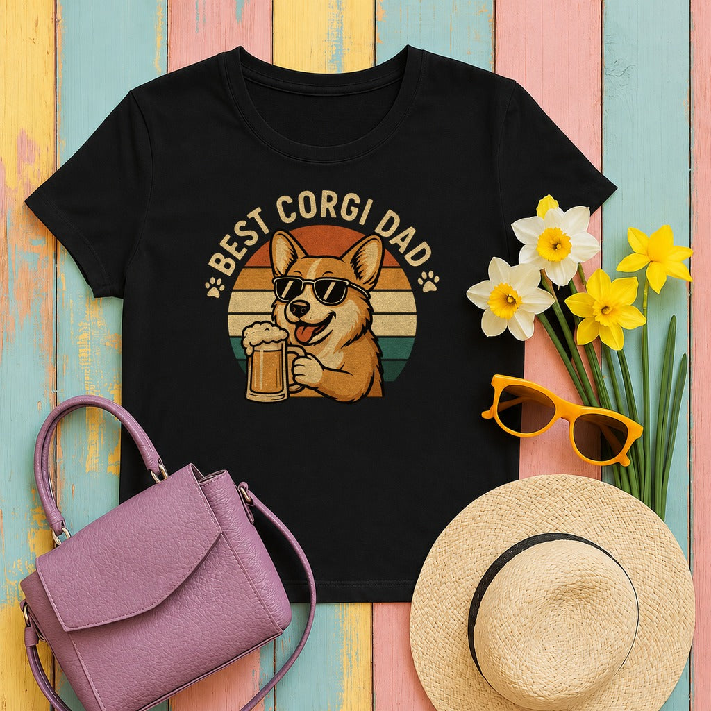 Best Corgi Dad Beer Lover Dog Retro Style Art T-Shirt in Black