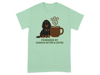 T-shirt with Gordon Setter and coffee cup graphic, text "POWERED BY GORDON SETTER & COFFEE".