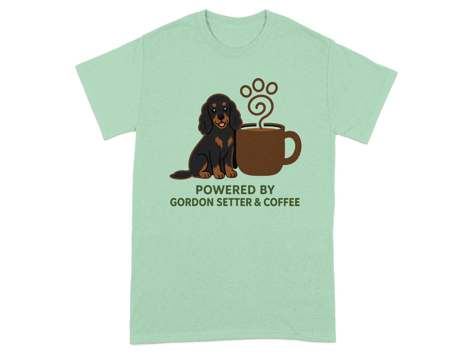 T-shirt with Gordon Setter and coffee cup graphic, text "POWERED BY GORDON SETTER & COFFEE".