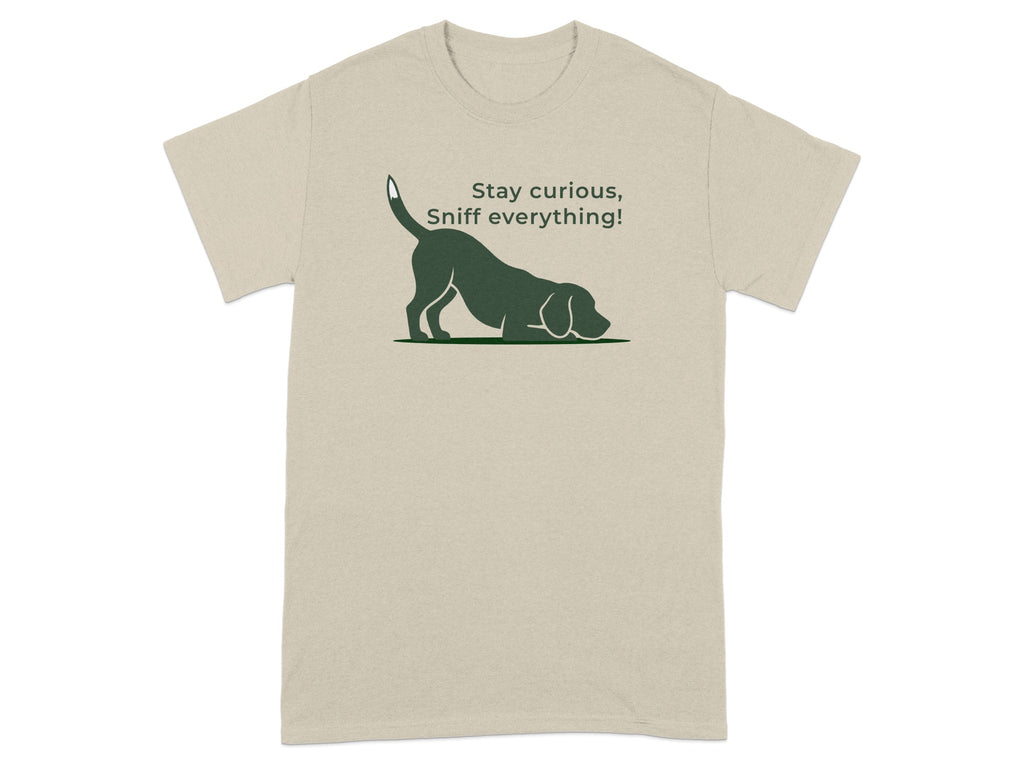 Beige t-shirt with a black graphic of a dog sniffing the ground and text.