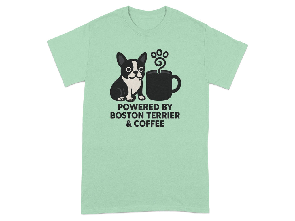Boston Terrier and coffee mug graphic with "Powered by Boston Terrier & Coffee" text.