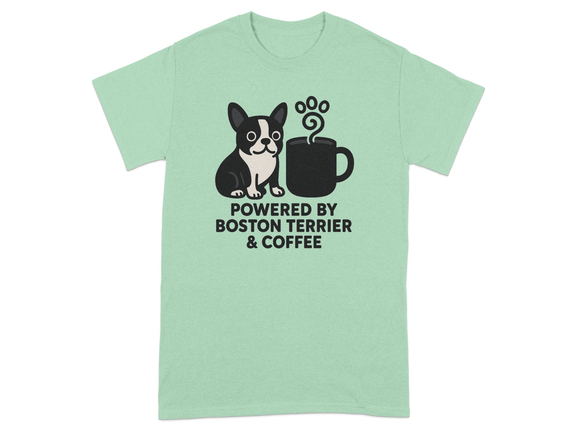 Boston Terrier and coffee mug graphic with "Powered by Boston Terrier & Coffee" text.