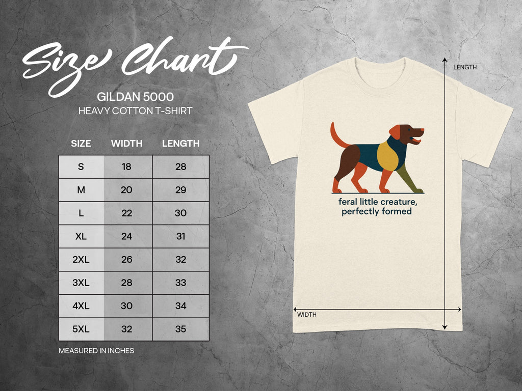 Gildan 5000 size chart for heavy cotton t-shirts with dog graphic.