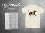 Gildan 5000 size chart for heavy cotton t-shirts with dog graphic.