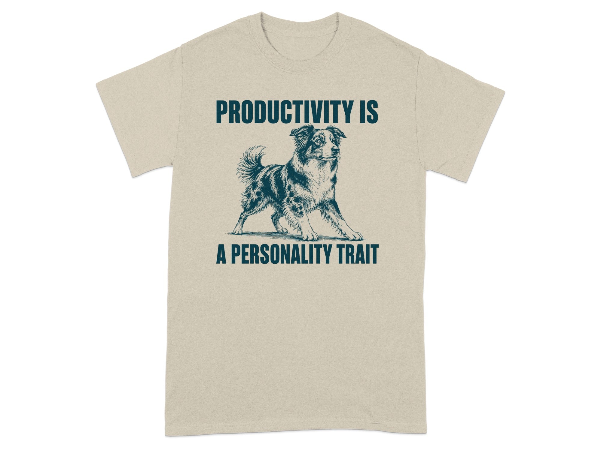 T-shirt with a dog illustration and text "PRODUCTIVITY IS A PERSONALITY TRAIT".