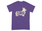 Purple t-shirt featuring a cream corgi silhouette with the word "CORGI" inside.